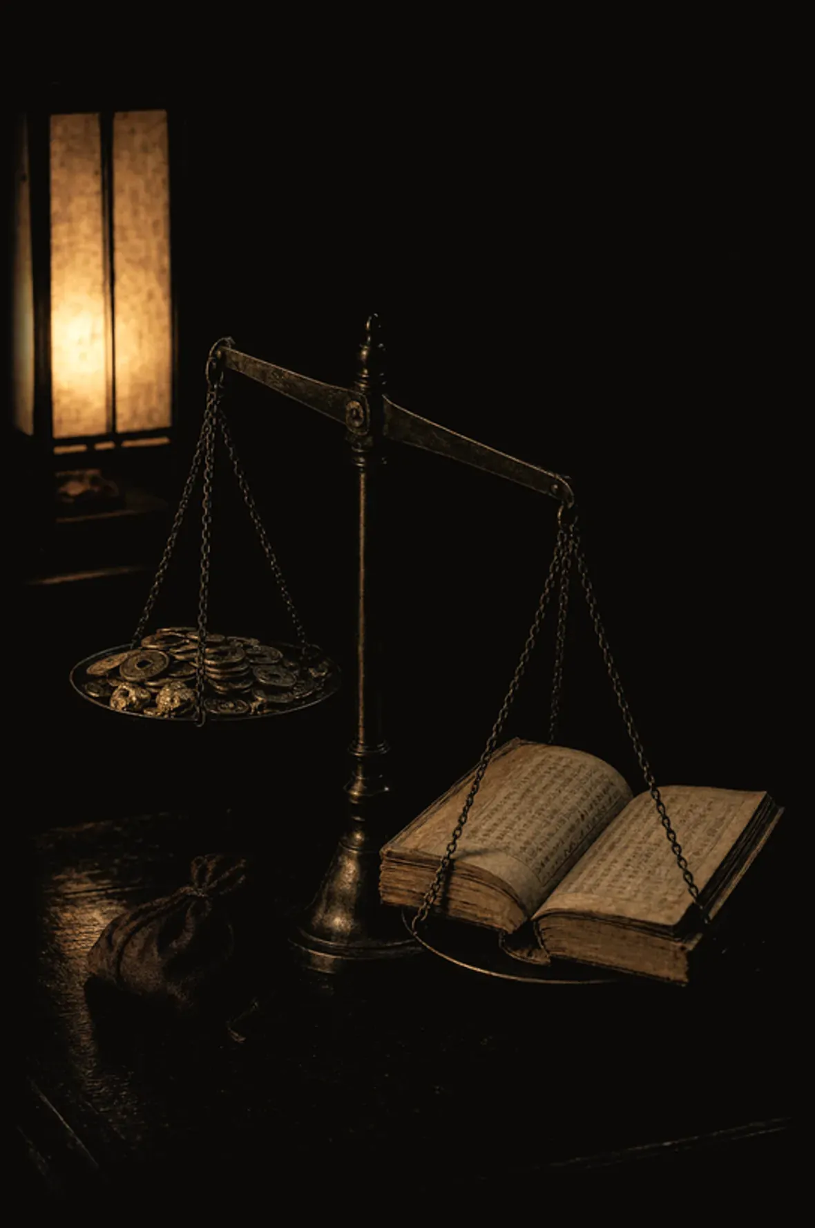 놋쇠 저울 — 엽전 더미와 한자 고서